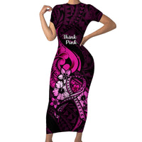 Polynesia Breast Cancer Awareness Family Matching Short Sleeve Bodycon Dress and Hawaiian Shirt Think Pink Polynesian Ribbon Black Version LT14 Mom's Dress Pink - Polynesian Pride