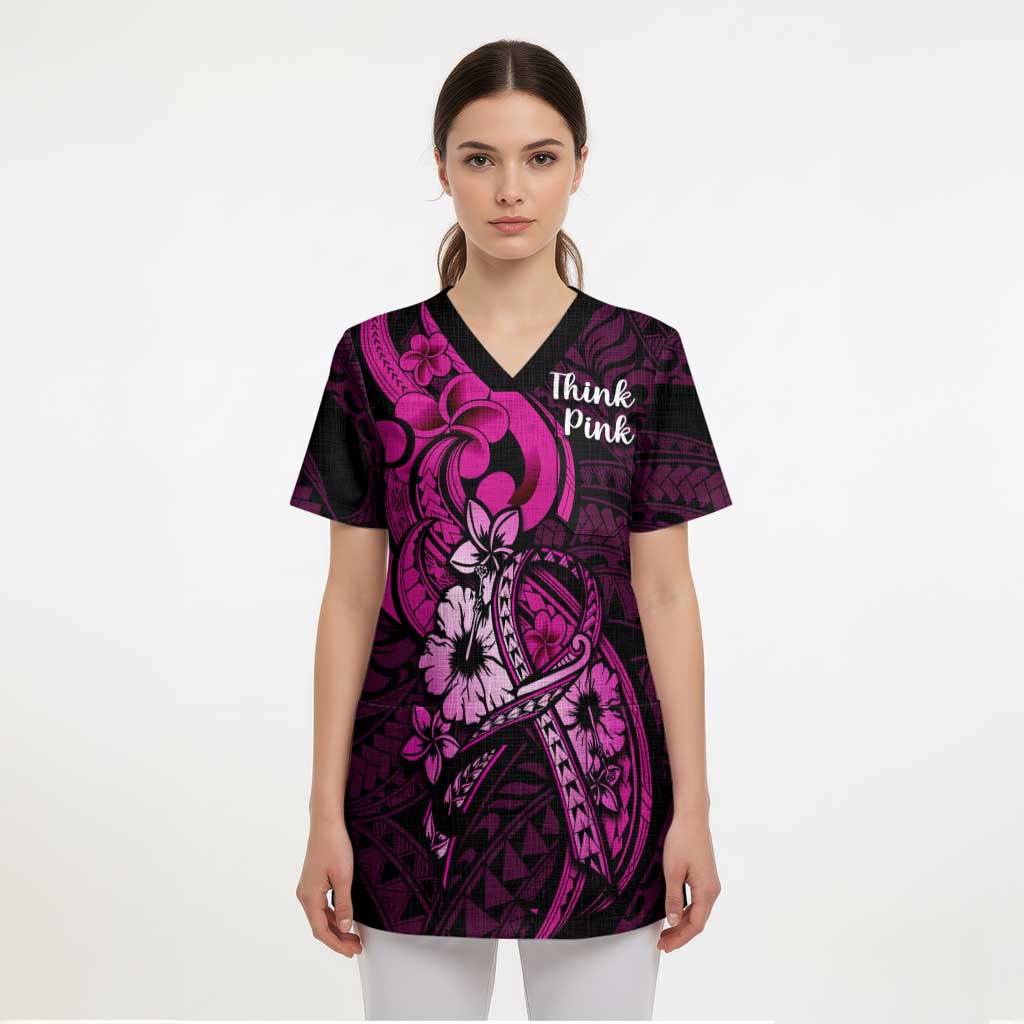 Polynesia Breast Cancer Awareness Scrub Top Think Pink Polynesian Ribbon Black Version - Polynesian Pride