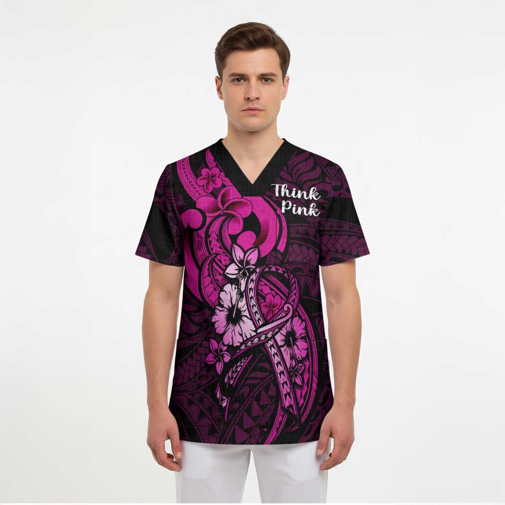 Polynesia Breast Cancer Awareness Scrub Top Think Pink Polynesian Ribbon Black Version - Polynesian Pride