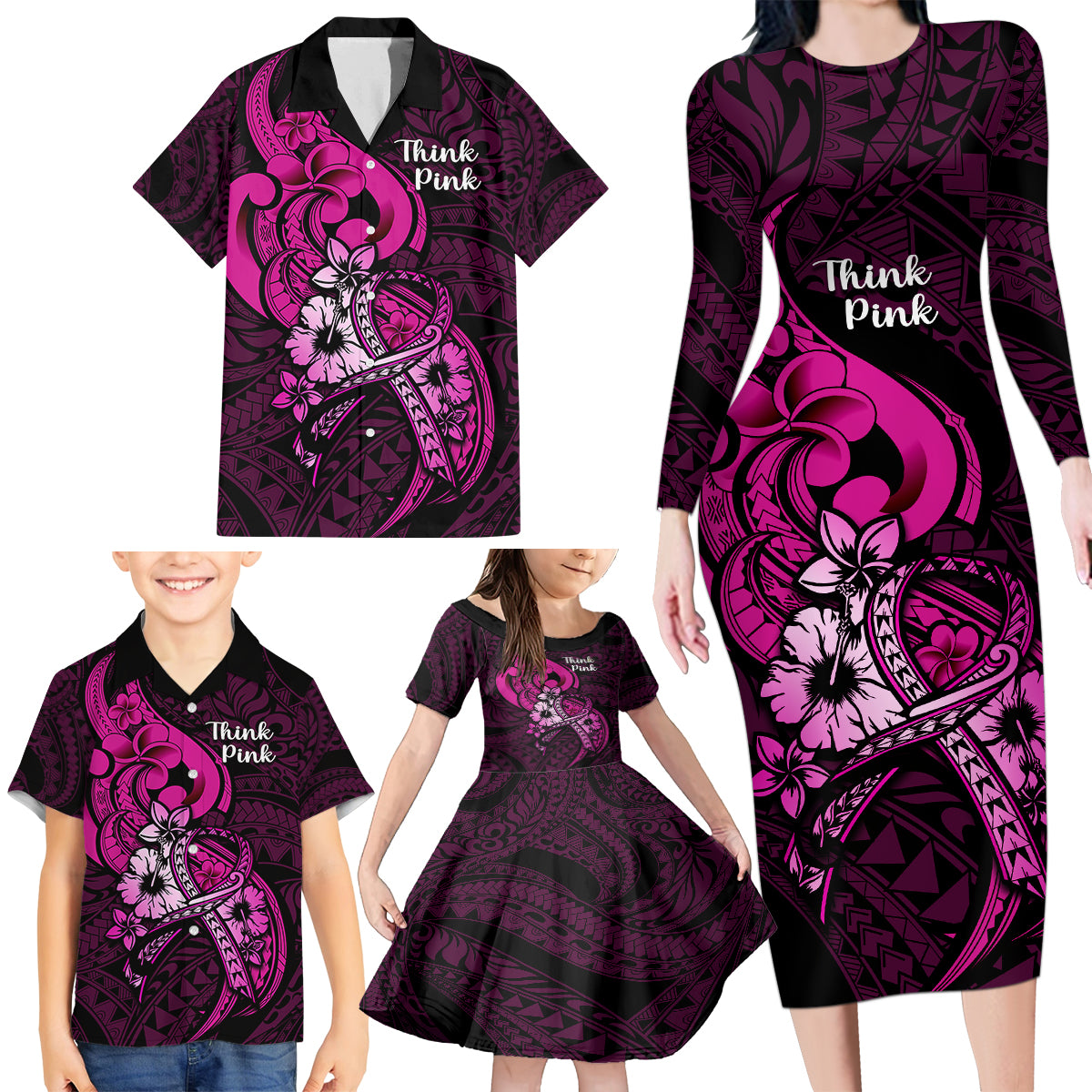Personalised Polynesia Breast Cancer Awareness Family Matching Long Sleeve Bodycon Dress and Hawaiian Shirt Think Pink Polynesian Ribbon Black Version LT14 - Polynesian Pride