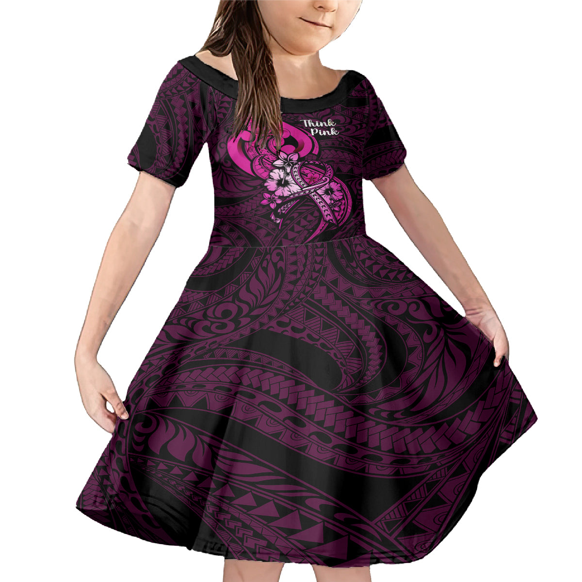 Personalised Polynesia Breast Cancer Awareness Family Matching Mermaid Dress and Hawaiian Shirt Think Pink Polynesian Ribbon Black Version LT14 Daughter's Dress Pink - Polynesian Pride