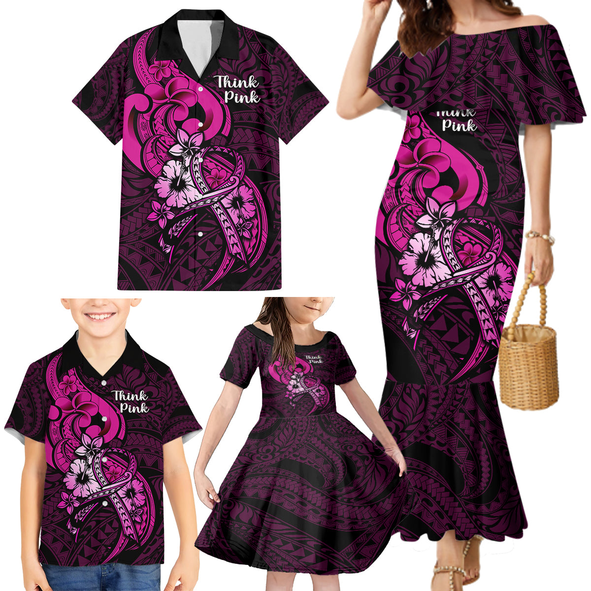 Personalised Polynesia Breast Cancer Awareness Family Matching Mermaid Dress and Hawaiian Shirt Think Pink Polynesian Ribbon Black Version LT14 - Polynesian Pride