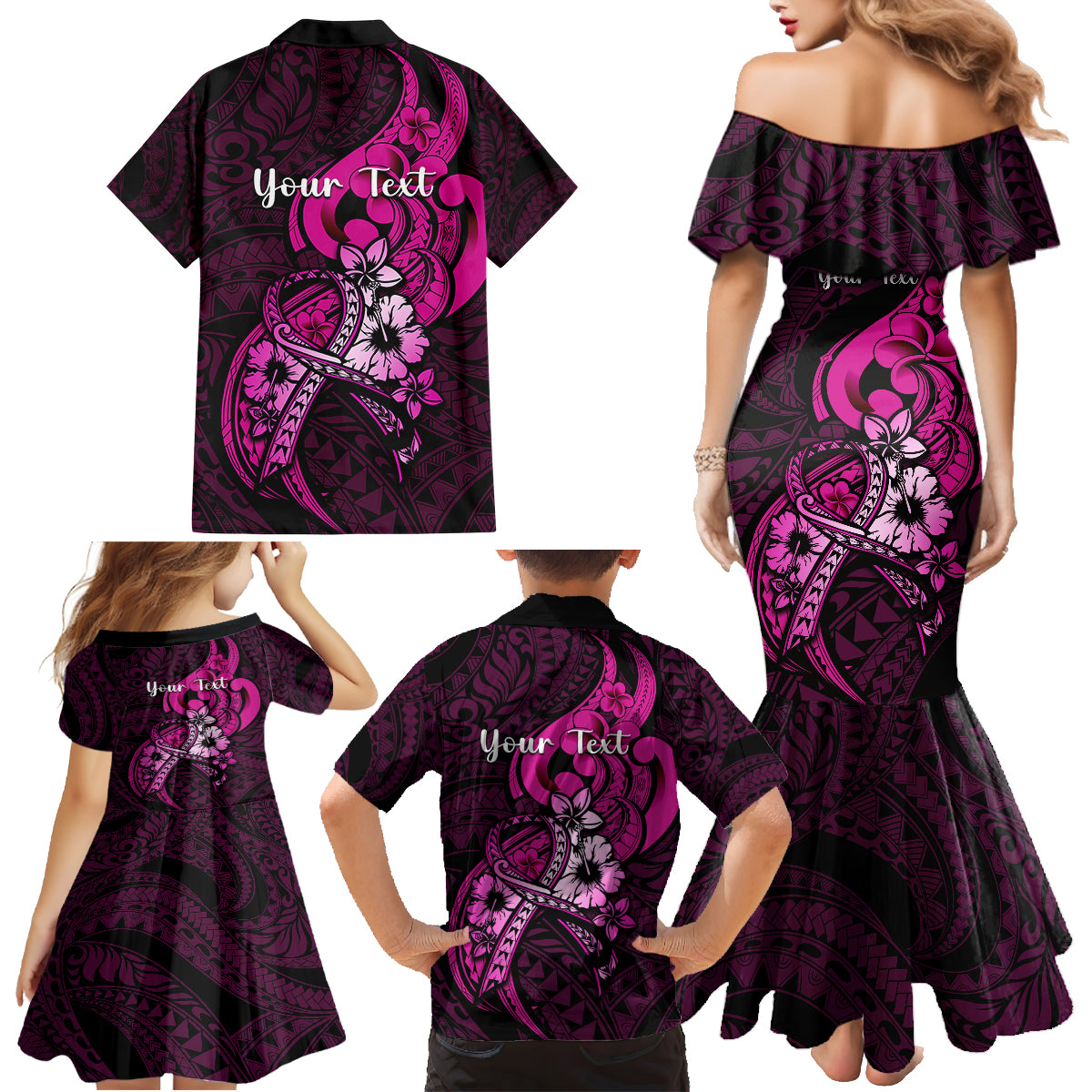 Personalised Polynesia Breast Cancer Awareness Family Matching Mermaid Dress and Hawaiian Shirt Think Pink Polynesian Ribbon Black Version LT14 - Polynesian Pride