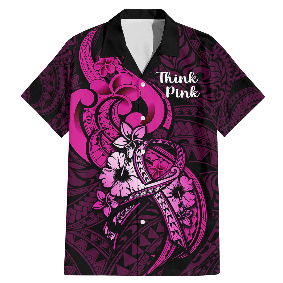 Personalised Polynesia Breast Cancer Awareness Family Matching Mermaid Dress and Hawaiian Shirt Think Pink Polynesian Ribbon Black Version LT14 Dad's Shirt - Short Sleeve Pink - Polynesian Pride