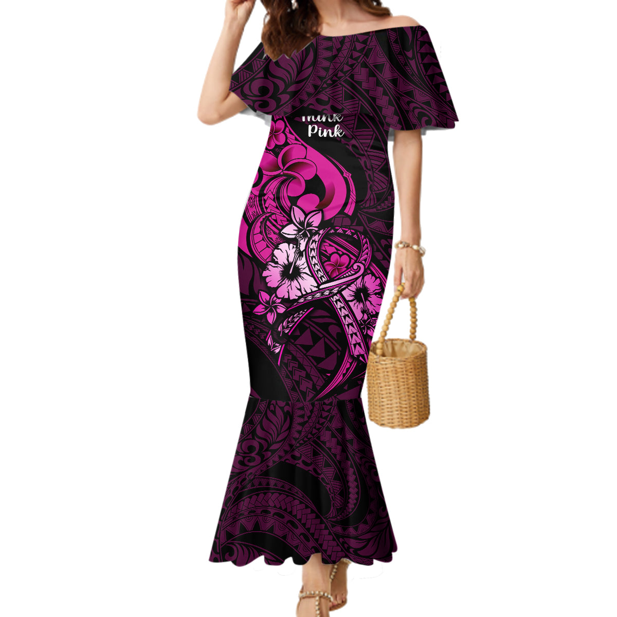 Personalised Polynesia Breast Cancer Awareness Family Matching Mermaid Dress and Hawaiian Shirt Think Pink Polynesian Ribbon Black Version LT14 Mom's Dress Pink - Polynesian Pride
