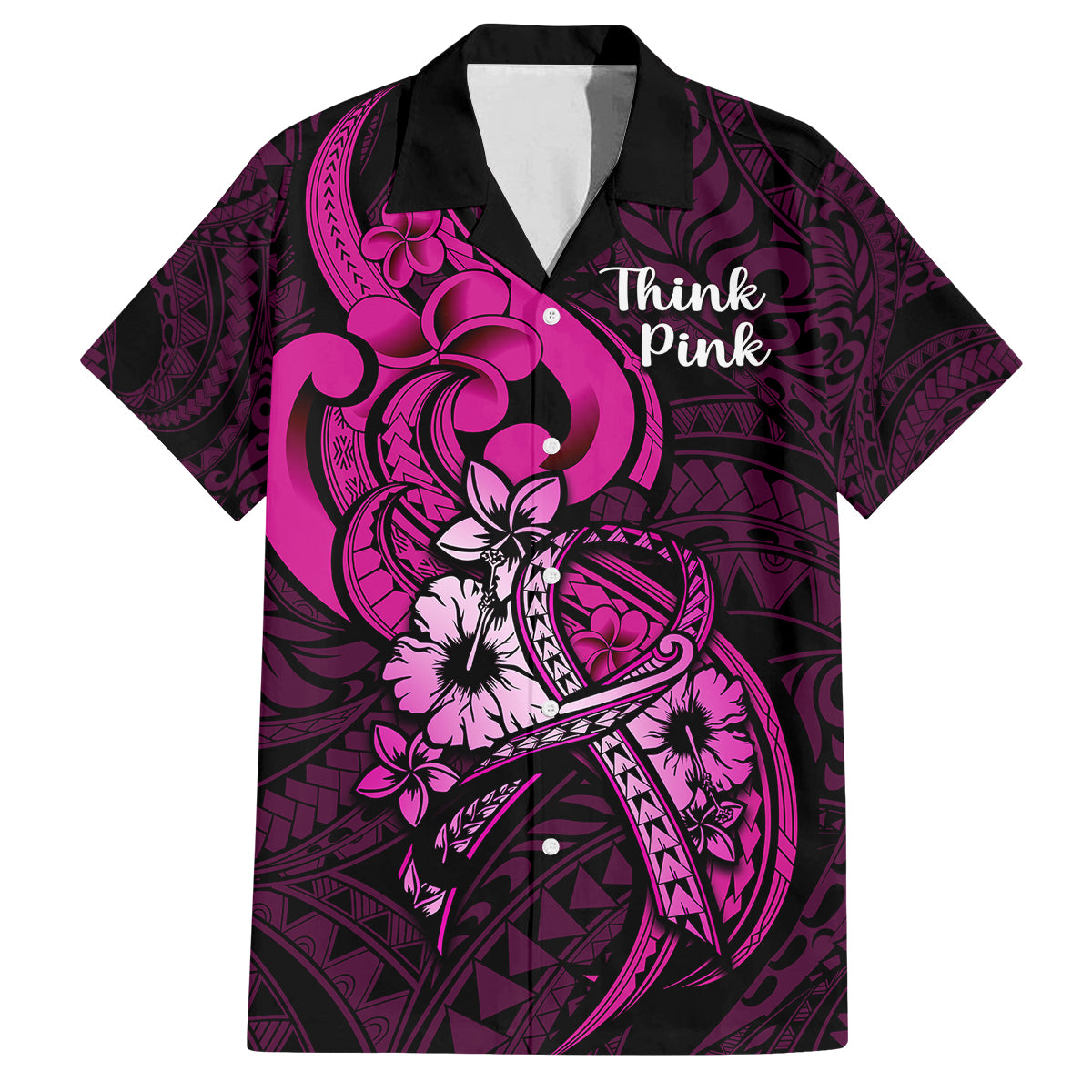 Personalised Polynesia Breast Cancer Awareness Family Matching Off Shoulder Long Sleeve Dress and Hawaiian Shirt Think Pink Polynesian Ribbon Black Version LT14 Dad's Shirt - Short Sleeve Pink - Polynesian Pride