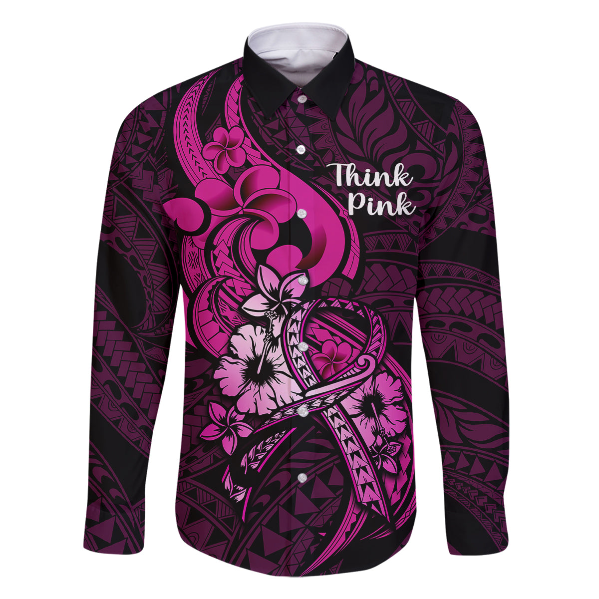 Personalised Polynesia Breast Cancer Awareness Family Matching Off Shoulder Long Sleeve Dress and Hawaiian Shirt Think Pink Polynesian Ribbon Black Version LT14 Dad's Shirt - Long Sleeve Pink - Polynesian Pride