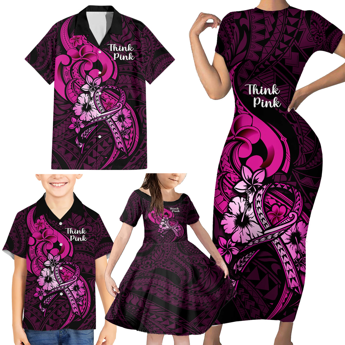 Personalised Polynesia Breast Cancer Awareness Family Matching Short Sleeve Bodycon Dress and Hawaiian Shirt Think Pink Polynesian Ribbon Black Version LT14 - Polynesian Pride