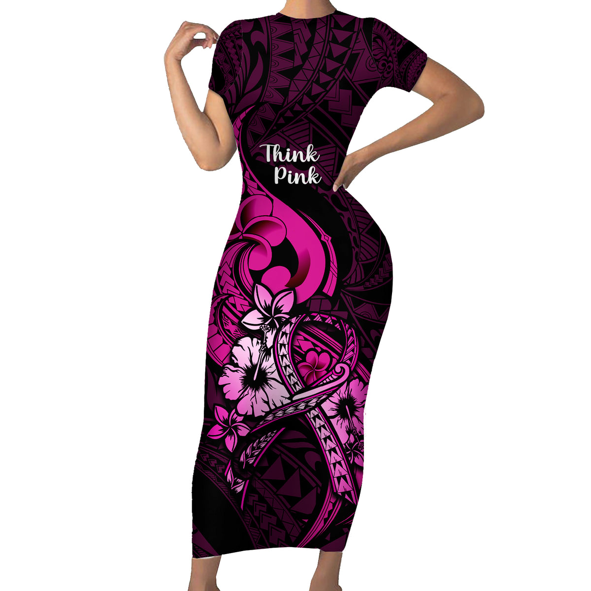 Personalised Polynesia Breast Cancer Awareness Family Matching Short Sleeve Bodycon Dress and Hawaiian Shirt Think Pink Polynesian Ribbon Black Version LT14 Mom's Dress Pink - Polynesian Pride