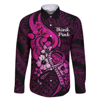 Personalised Polynesia Breast Cancer Awareness Family Matching Tank Maxi Dress and Hawaiian Shirt Think Pink Polynesian Ribbon Black Version LT14 Dad's Shirt - Long Sleeve Pink - Polynesian Pride