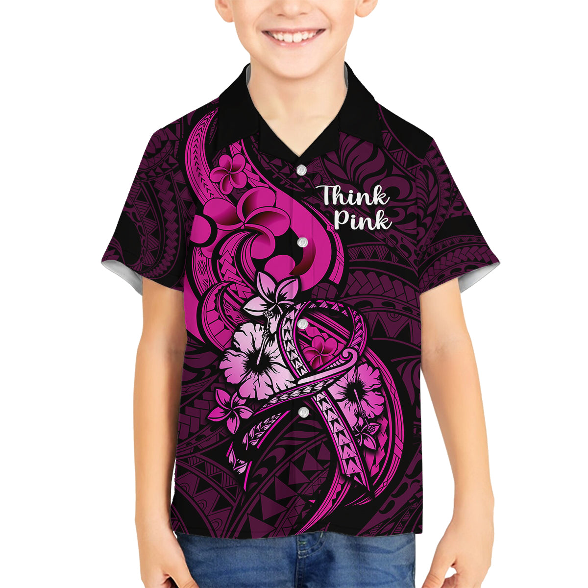 Personalised Polynesia Breast Cancer Awareness Family Matching Tank Maxi Dress and Hawaiian Shirt Think Pink Polynesian Ribbon Black Version LT14 Son's Shirt Pink - Polynesian Pride