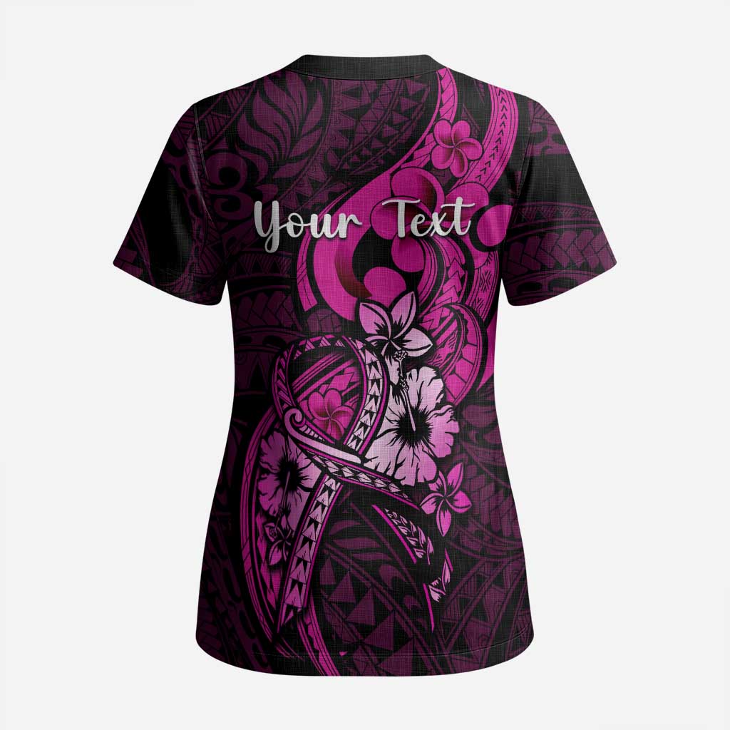 Personalised Polynesia Breast Cancer Awareness Scrub Top Think Pink Polynesian Ribbon Black Version - Polynesian Pride