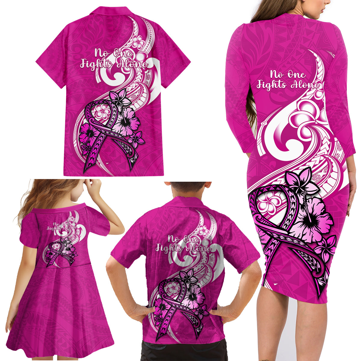 Polynesia Breast Cancer Awareness Family Matching Long Sleeve Bodycon Dress and Hawaiian Shirt Think Pink Polynesian Ribbon White Version LT14 - Polynesian Pride