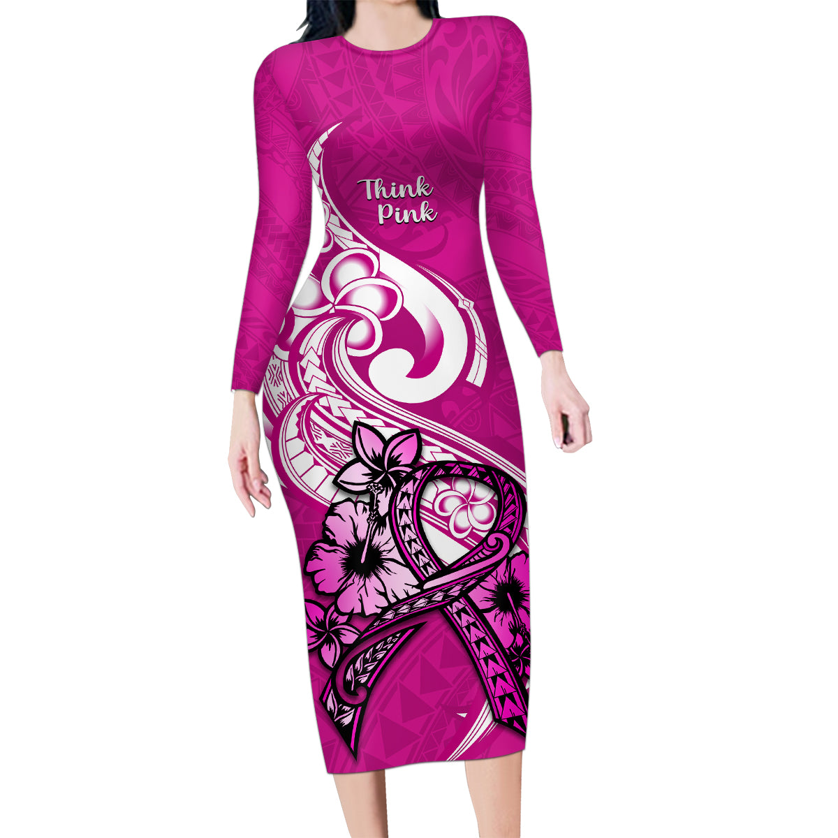 Polynesia Breast Cancer Awareness Family Matching Long Sleeve Bodycon Dress and Hawaiian Shirt Think Pink Polynesian Ribbon White Version LT14 Mom's Dress Pink - Polynesian Pride