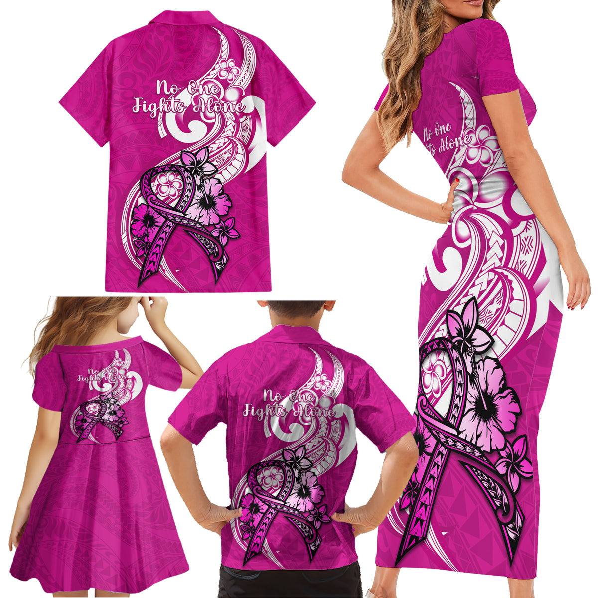 Polynesia Breast Cancer Awareness Family Matching Short Sleeve Bodycon Dress and Hawaiian Shirt Think Pink Polynesian Ribbon White Version LT14 - Polynesian Pride