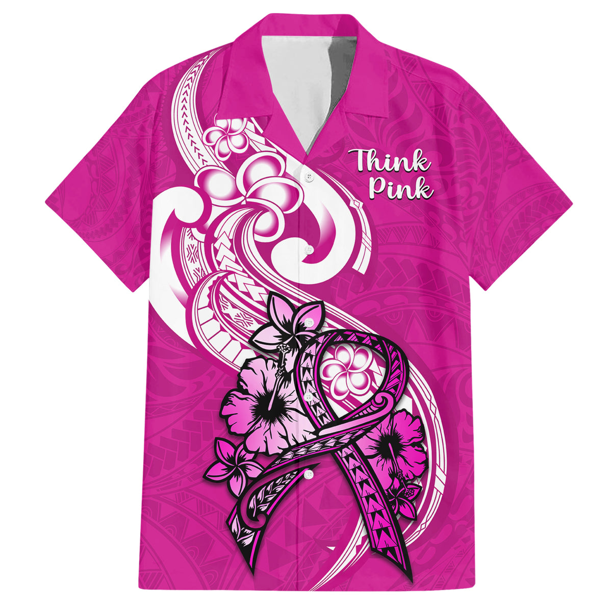 Polynesia Breast Cancer Awareness Family Matching Short Sleeve Bodycon Dress and Hawaiian Shirt Think Pink Polynesian Ribbon White Version LT14 Dad's Shirt - Short Sleeve Pink - Polynesian Pride