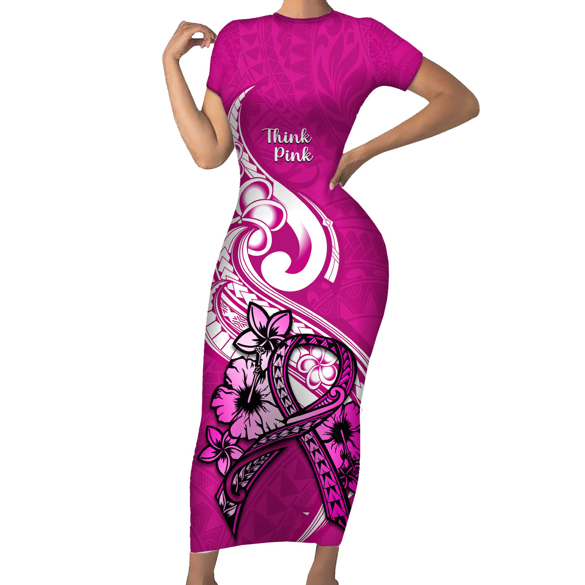Polynesia Breast Cancer Awareness Family Matching Short Sleeve Bodycon Dress and Hawaiian Shirt Think Pink Polynesian Ribbon White Version LT14 Mom's Dress Pink - Polynesian Pride