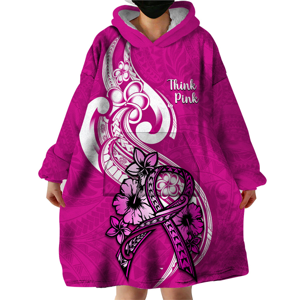 Polynesia Breast Cancer Awareness Wearable Blanket Hoodie Think Pink Polynesian Ribbon White Version LT14 - Polynesian Pride