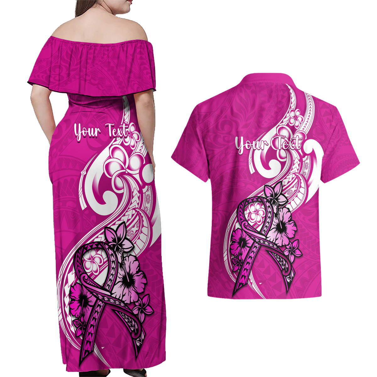 Personalised Polynesia Breast Cancer Awareness Couples Matching Off Shoulder Maxi Dress and Hawaiian Shirt Think Pink Polynesian Ribbon White Version LT14 - Polynesian Pride
