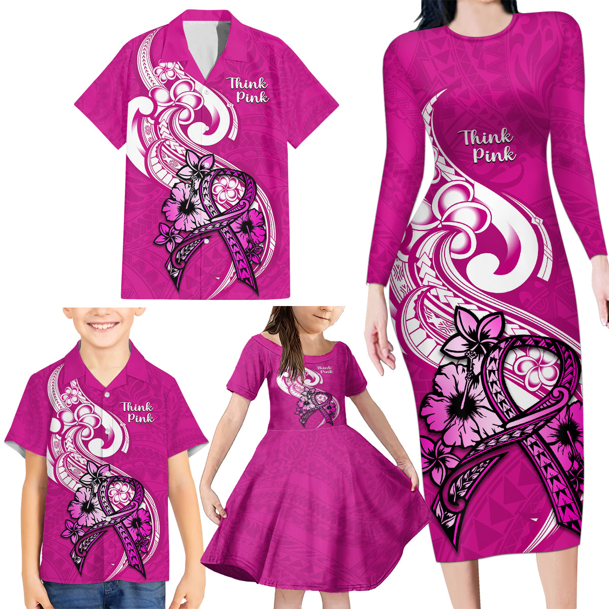 Personalised Polynesia Breast Cancer Awareness Family Matching Long Sleeve Bodycon Dress and Hawaiian Shirt Think Pink Polynesian Ribbon White Version LT14 - Polynesian Pride