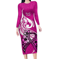 Personalised Polynesia Breast Cancer Awareness Family Matching Long Sleeve Bodycon Dress and Hawaiian Shirt Think Pink Polynesian Ribbon White Version LT14 Mom's Dress Pink - Polynesian Pride