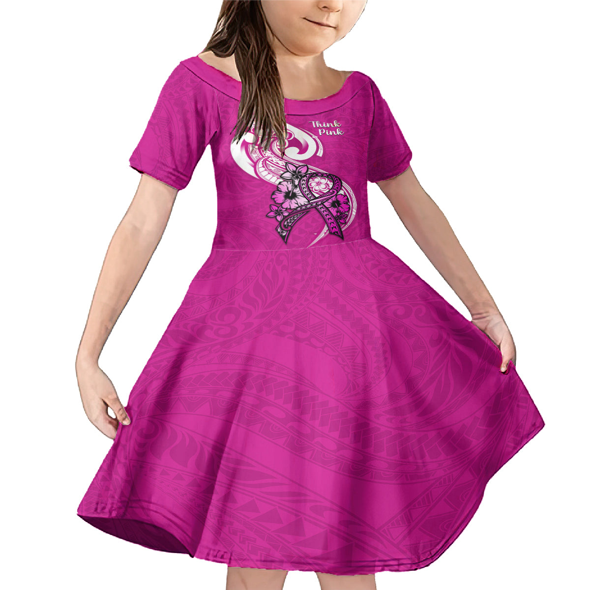Personalised Polynesia Breast Cancer Awareness Family Matching Mermaid Dress and Hawaiian Shirt Think Pink Polynesian Ribbon White Version LT14 Daughter's Dress Pink - Polynesian Pride