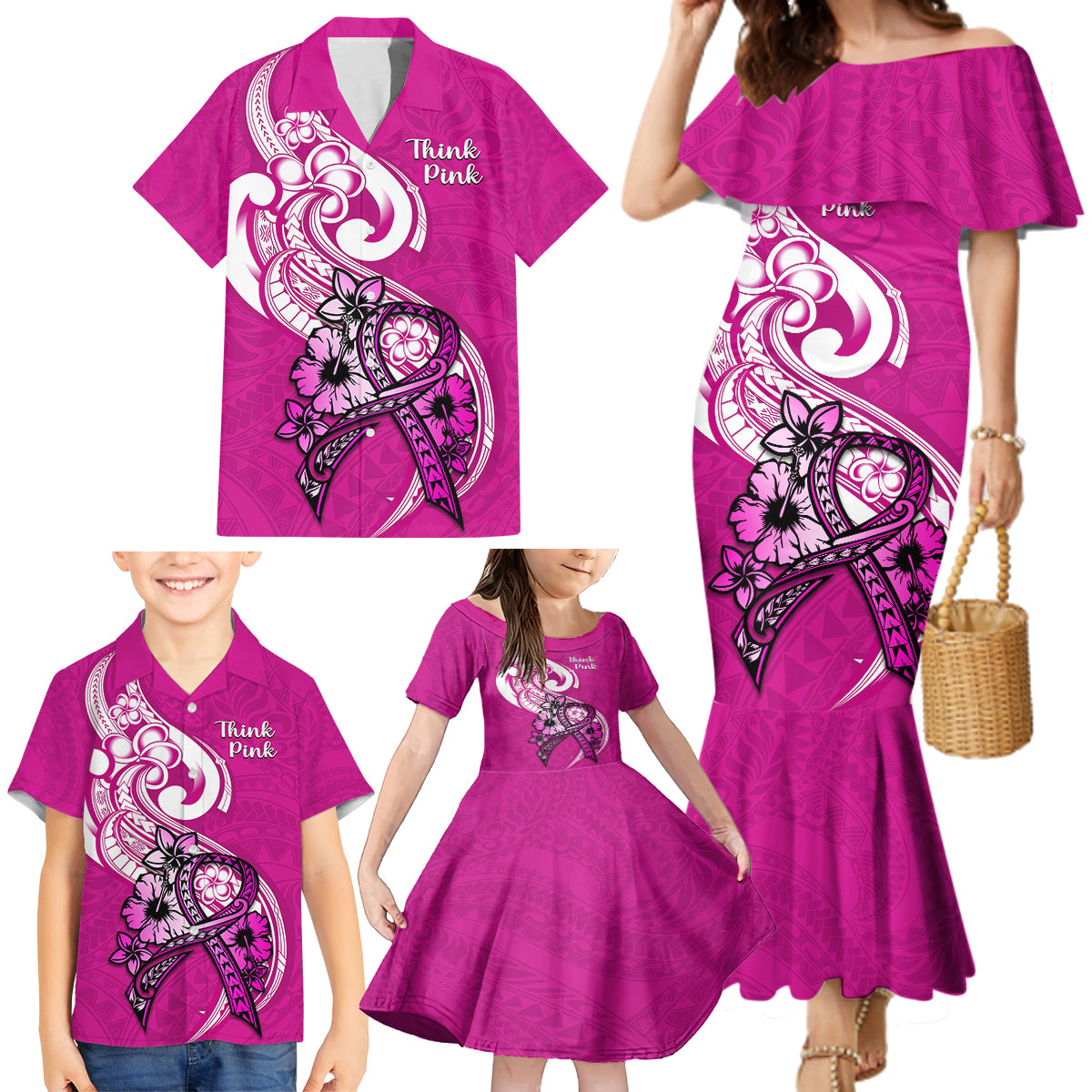 Personalised Polynesia Breast Cancer Awareness Family Matching Mermaid Dress and Hawaiian Shirt Think Pink Polynesian Ribbon White Version LT14 - Polynesian Pride