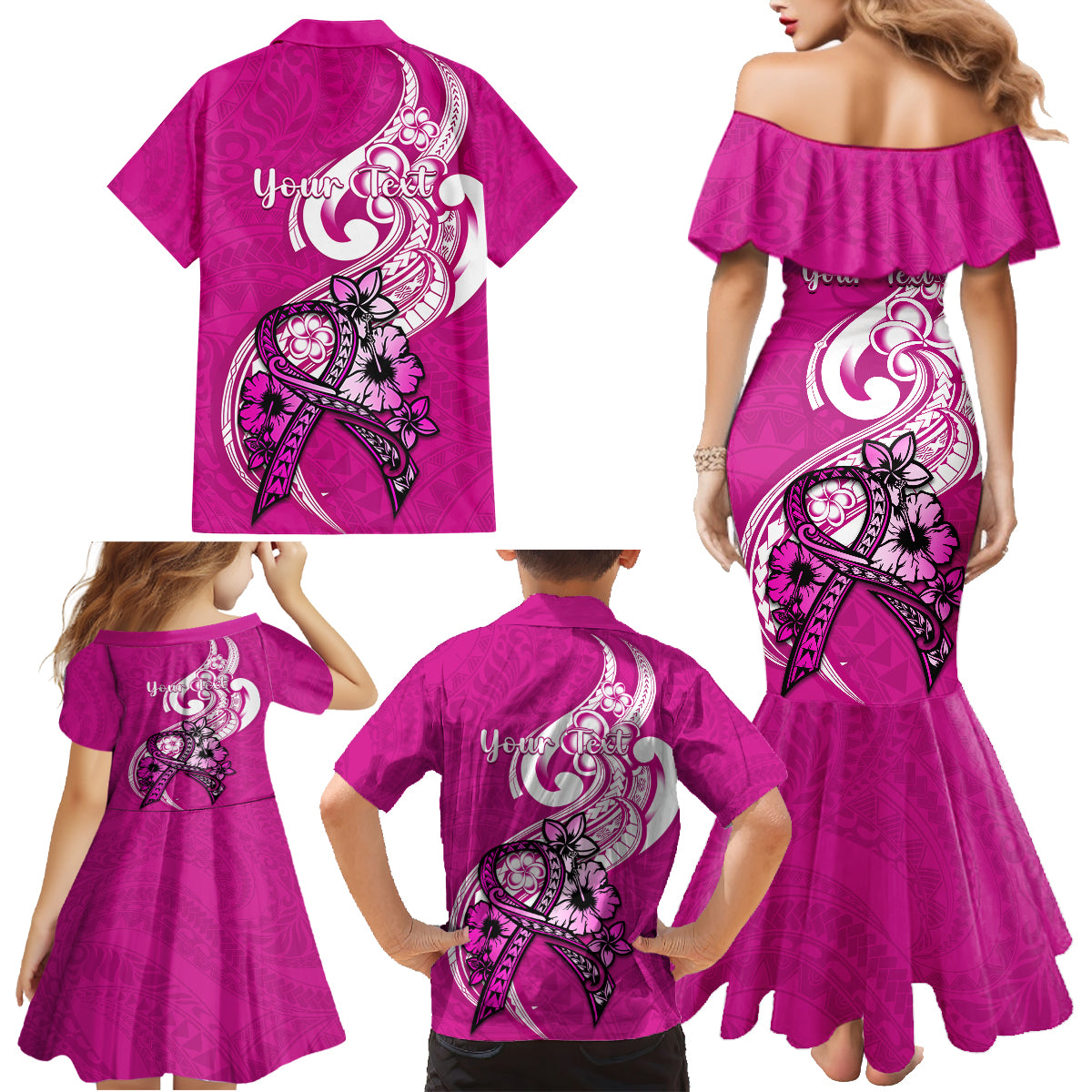 Personalised Polynesia Breast Cancer Awareness Family Matching Mermaid Dress and Hawaiian Shirt Think Pink Polynesian Ribbon White Version LT14 - Polynesian Pride
