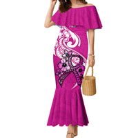 Personalised Polynesia Breast Cancer Awareness Family Matching Mermaid Dress and Hawaiian Shirt Think Pink Polynesian Ribbon White Version LT14 Mom's Dress Pink - Polynesian Pride