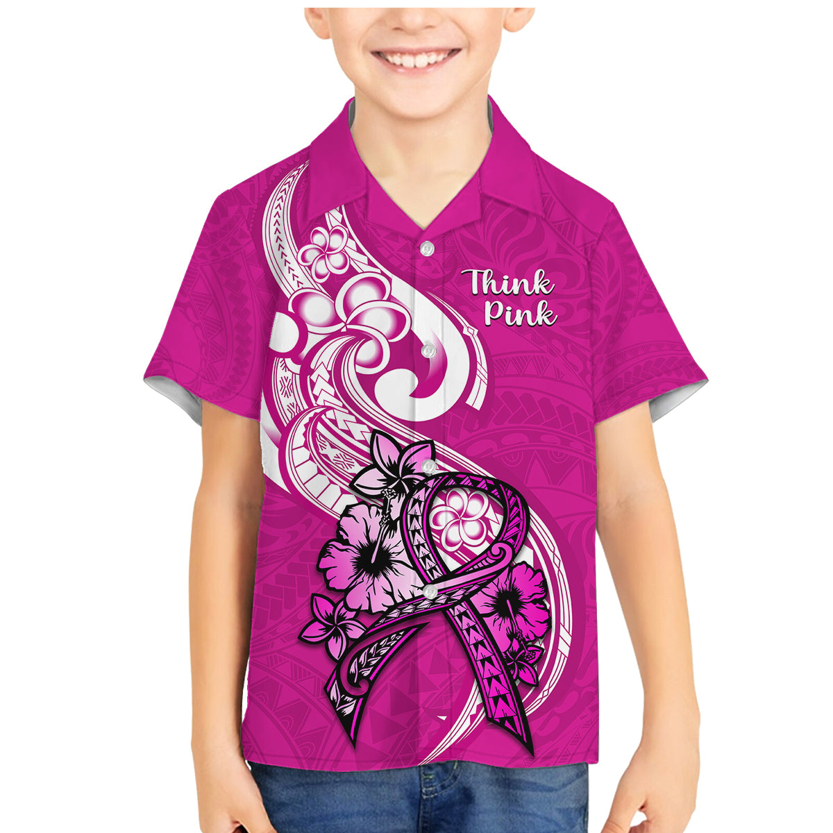 Personalised Polynesia Breast Cancer Awareness Family Matching Mermaid Dress and Hawaiian Shirt Think Pink Polynesian Ribbon White Version LT14 Son's Shirt Pink - Polynesian Pride