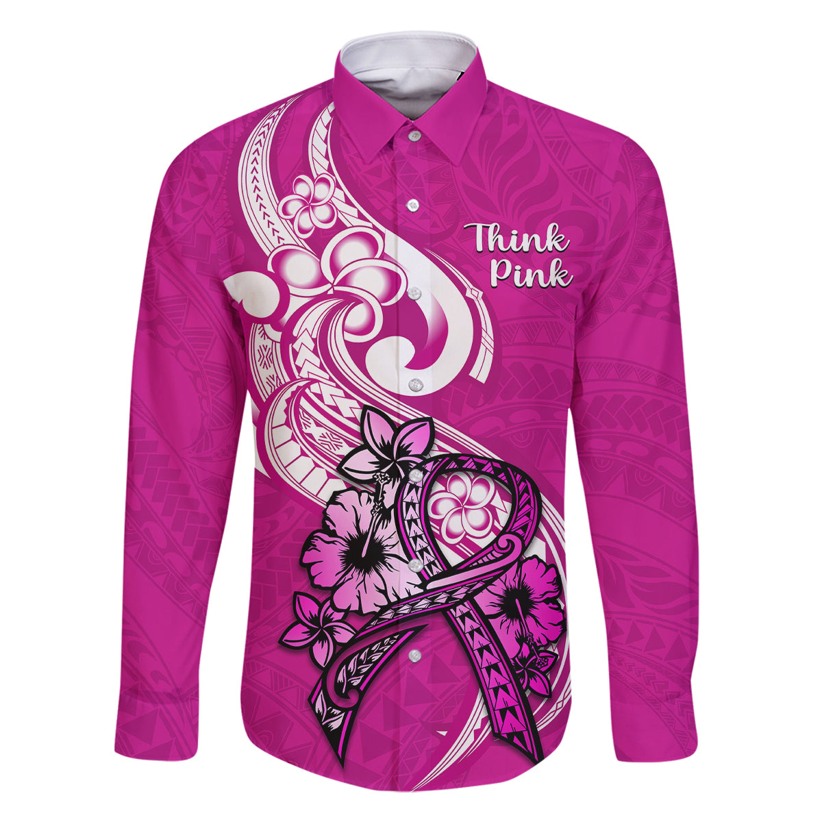 personalised-polynesia-breast-cancer-awareness-family-matching-off-shoulder-maxi-dress-and-hawaiian-shirt-think-pink-polynesian-ribbon-white-version