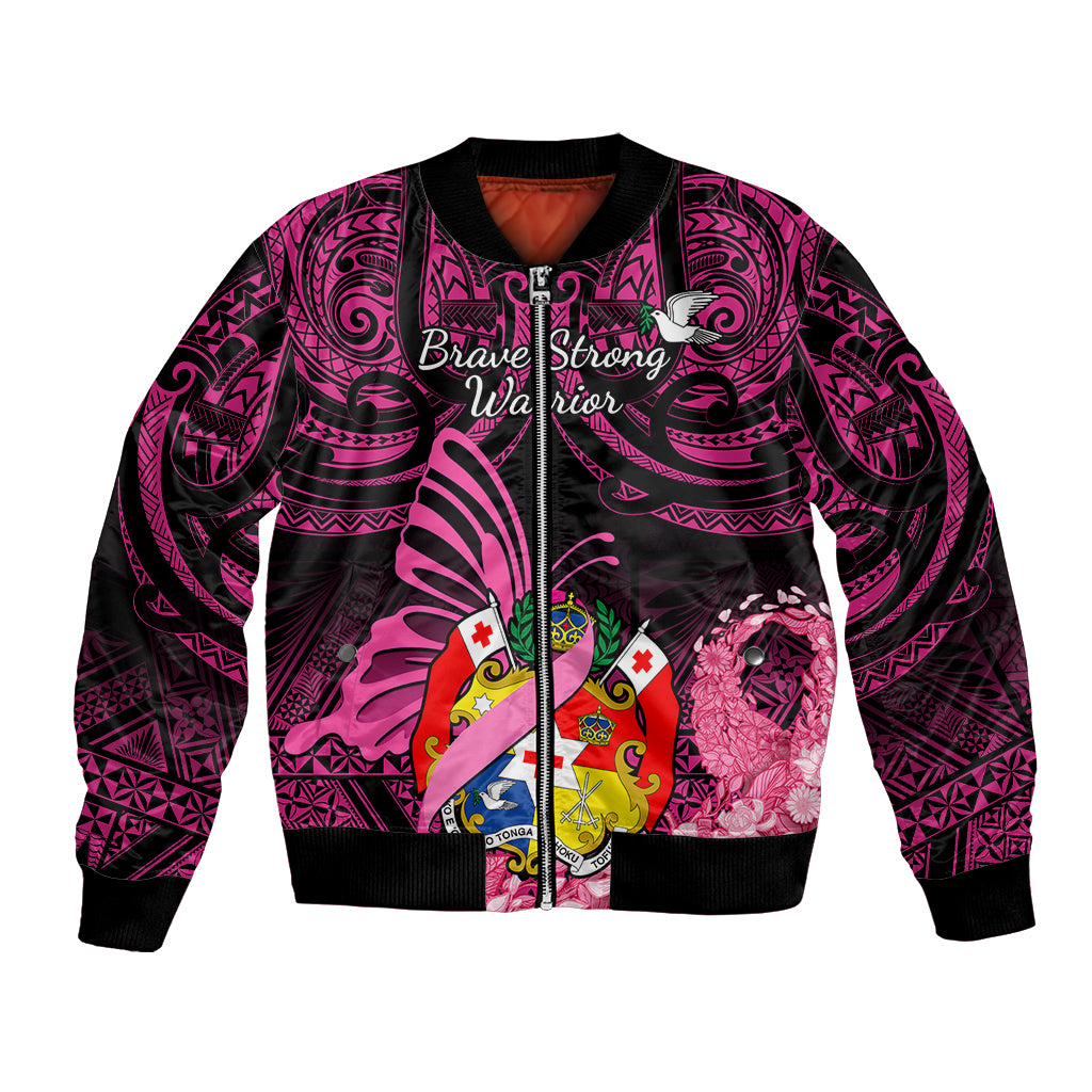 Presonalised Tonga Breast Cancer Awareness Bomber Jacket Pink Ribbon Brave Strong Warrior Tongan Ngatu Pattern LT14 Unisex Pink - Polynesian Pride