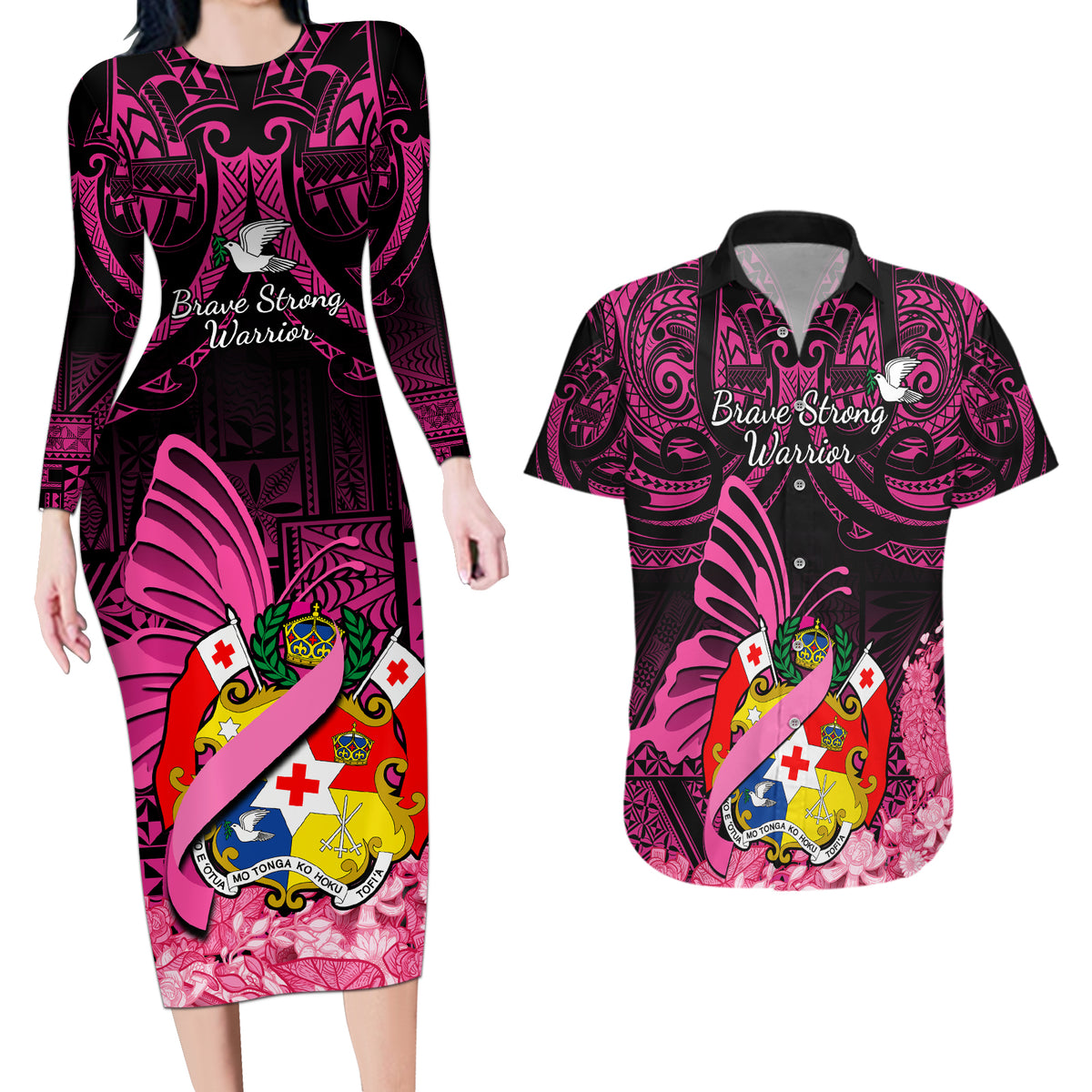 Presonalised Tonga Breast Cancer Awareness Couples Matching Long Sleeve Bodycon Dress and Hawaiian Shirt Pink Ribbon Brave Strong Warrior Tongan Ngatu Pattern LT14 Pink - Polynesian Pride