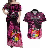 Presonalised Tonga Breast Cancer Awareness Couples Matching Off Shoulder Maxi Dress and Hawaiian Shirt Pink Ribbon Brave Strong Warrior Tongan Ngatu Pattern LT14 Pink - Polynesian Pride