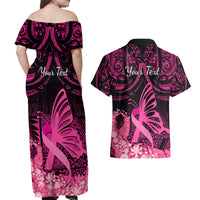 Presonalised Tonga Breast Cancer Awareness Couples Matching Off Shoulder Maxi Dress and Hawaiian Shirt Pink Ribbon Brave Strong Warrior Tongan Ngatu Pattern LT14 - Polynesian Pride