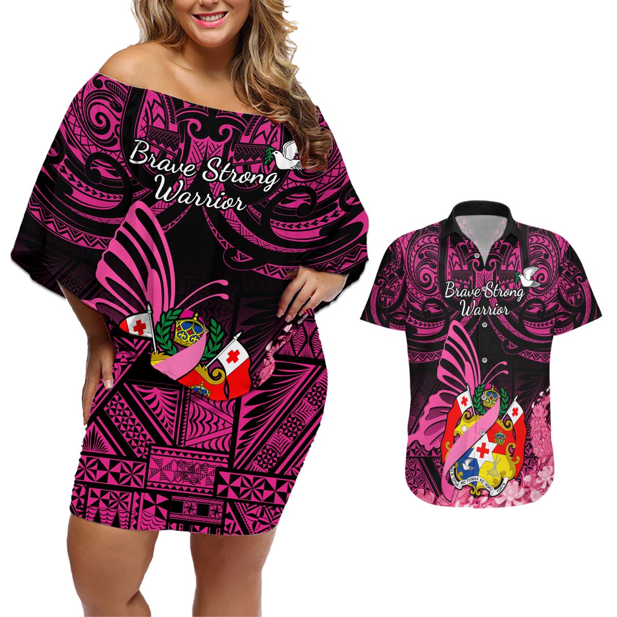 Presonalised Tonga Breast Cancer Awareness Couples Matching Off Shoulder Short Dress and Hawaiian Shirt Pink Ribbon Brave Strong Warrior Tongan Ngatu Pattern LT14 Pink - Polynesian Pride