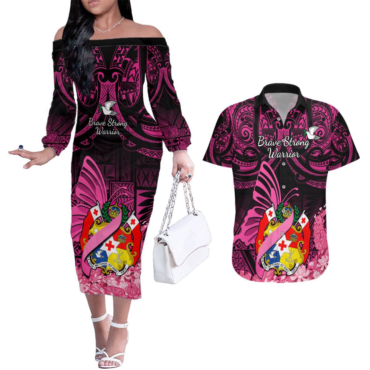 Presonalised Tonga Breast Cancer Awareness Couples Matching Off The Shoulder Long Sleeve Dress and Hawaiian Shirt Pink Ribbon Brave Strong Warrior Tongan Ngatu Pattern LT14 Pink - Polynesian Pride
