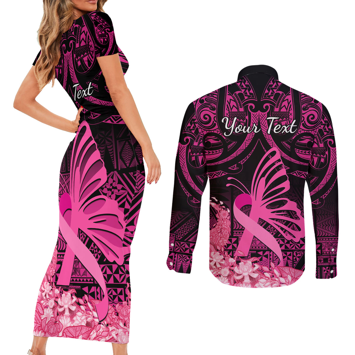 Presonalised Tonga Breast Cancer Awareness Couples Matching Short Sleeve Bodycon Dress and Long Sleeve Button Shirts Pink Ribbon Brave Strong Warrior Tongan Ngatu Pattern LT14 - Polynesian Pride