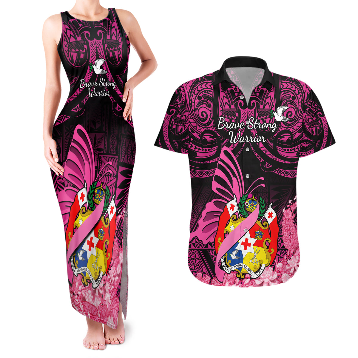Presonalised Tonga Breast Cancer Awareness Couples Matching Tank Maxi Dress and Hawaiian Shirt Pink Ribbon Brave Strong Warrior Tongan Ngatu Pattern LT14 Pink - Polynesian Pride