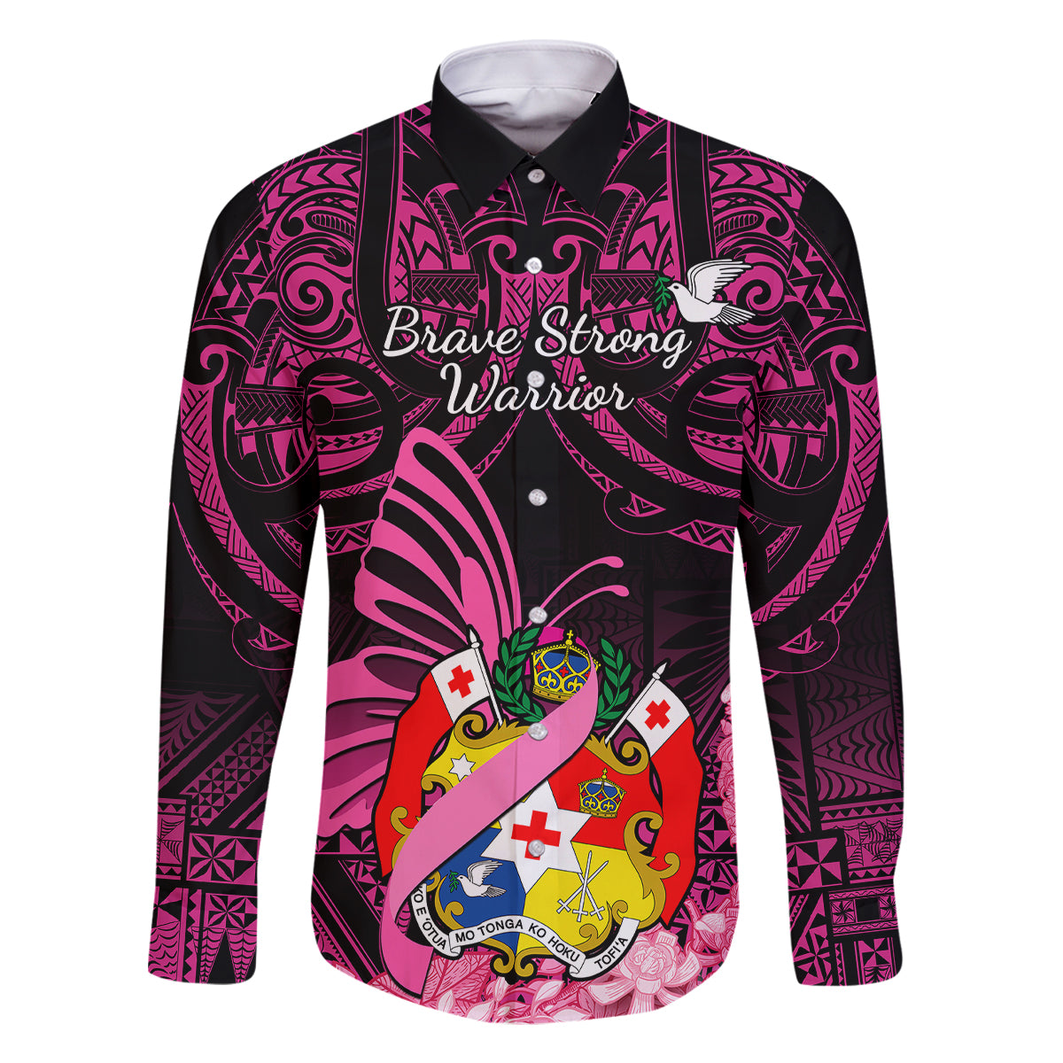 Presonalised Tonga Breast Cancer Awareness Family Matching Off Shoulder Long Sleeve Dress and Hawaiian Shirt Pink Ribbon Brave Strong Warrior Tongan Ngatu Pattern LT14 Dad's Shirt - Long Sleeve Pink - Polynesian Pride