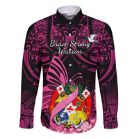 Presonalised Tonga Breast Cancer Awareness Family Matching Off Shoulder Long Sleeve Dress and Hawaiian Shirt Pink Ribbon Brave Strong Warrior Tongan Ngatu Pattern LT14 Dad's Shirt - Long Sleeve Pink - Polynesian Pride