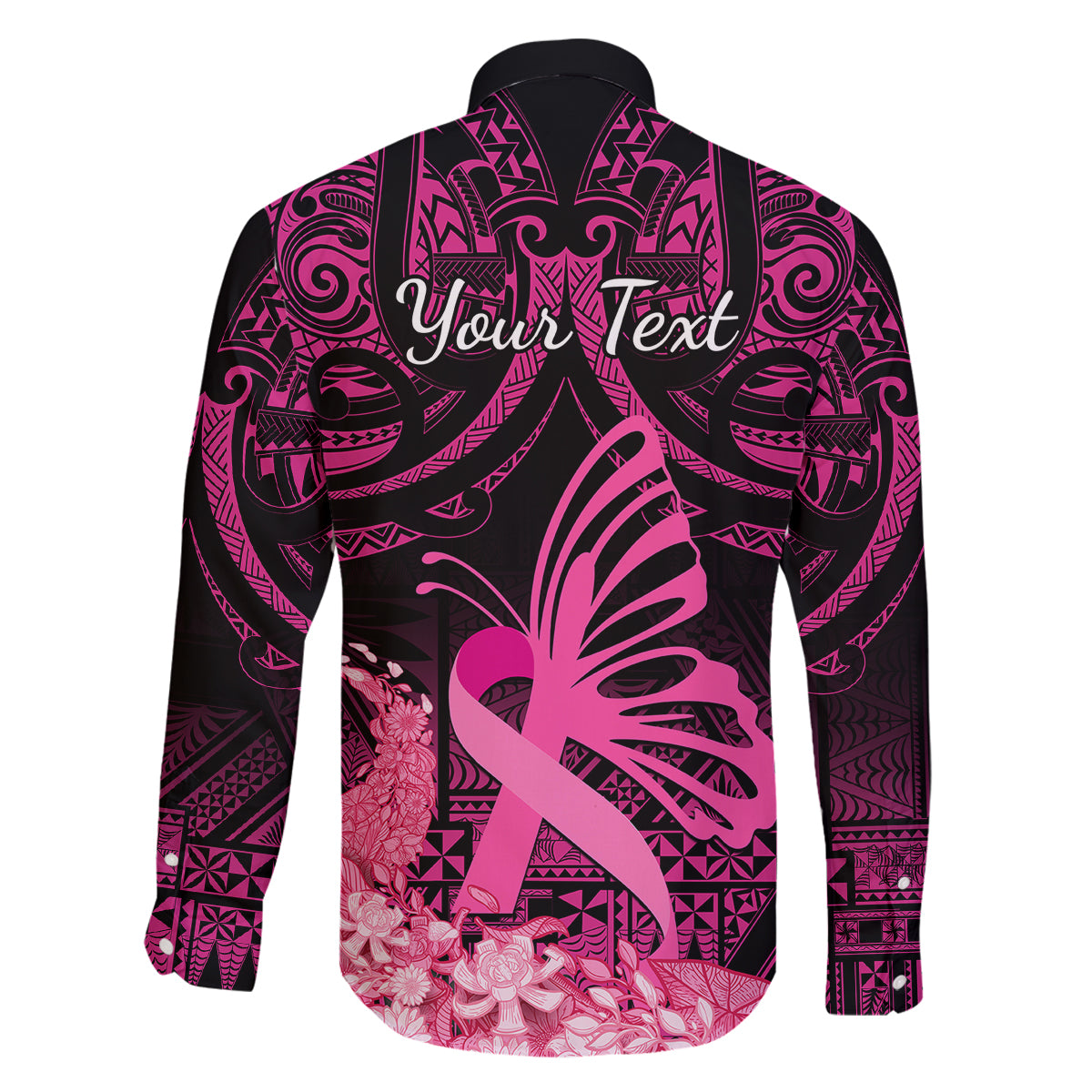 Presonalised Tonga Breast Cancer Awareness Family Matching Off Shoulder Short Dress and Hawaiian Shirt Pink Ribbon Brave Strong Warrior Tongan Ngatu Pattern LT14 - Polynesian Pride