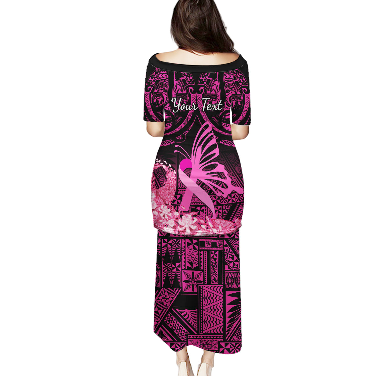 Presonalised Tonga Breast Cancer Awareness Family Matching Puletasi Dress and Hawaiian Shirt Pink Ribbon Brave Strong Warrior Tongan Ngatu Pattern LT14 - Polynesian Pride