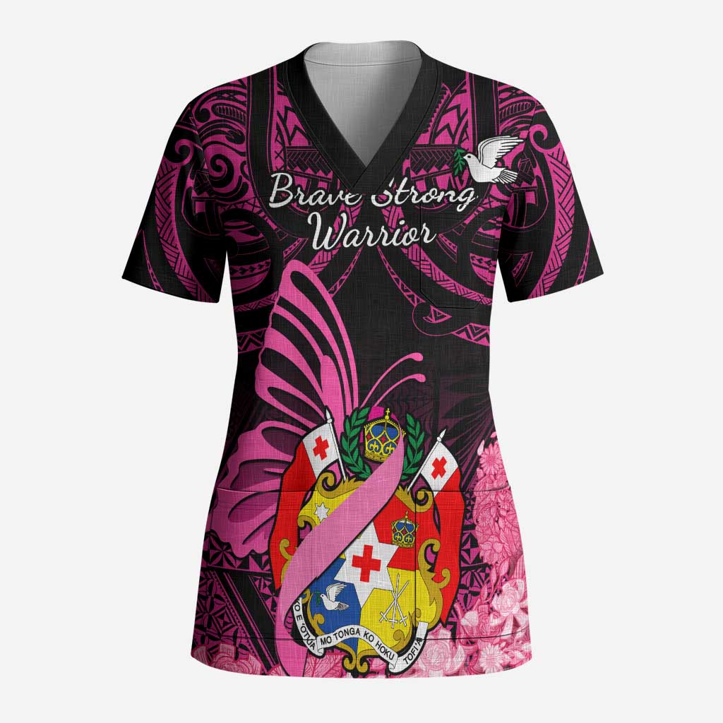 Presonalised Tonga Breast Cancer Awareness Scrub Top Pink Ribbon Brave Strong Warrior Tongan Ngatu Pattern - Polynesian Pride