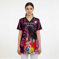 Presonalised Tonga Breast Cancer Awareness Scrub Top Pink Ribbon Brave Strong Warrior Tongan Ngatu Pattern - Polynesian Pride