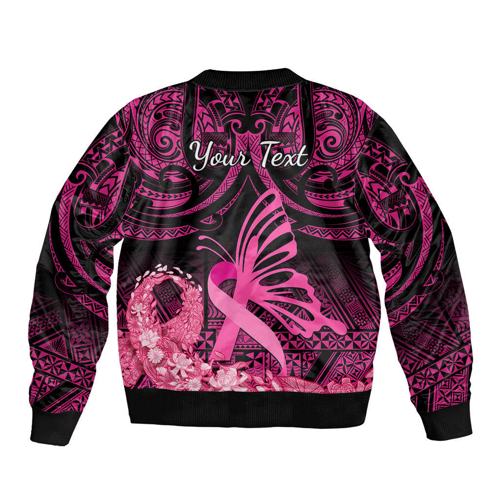 Presonalised Tonga Breast Cancer Awareness Sleeve Zip Bomber Jacket Pink Ribbon Brave Strong Warrior Tongan Ngatu Pattern LT14 - Polynesian Pride