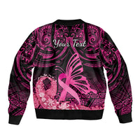 Presonalised Tonga Breast Cancer Awareness Sleeve Zip Bomber Jacket Pink Ribbon Brave Strong Warrior Tongan Ngatu Pattern LT14 - Polynesian Pride