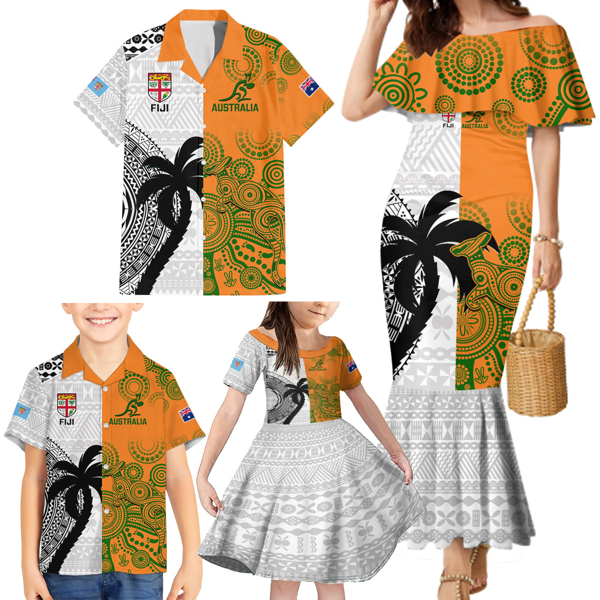 Fiji And Australia Rugby Family Matching Mermaid Dress and Hawaiian Shirt 2023 World Cup Aboriginal Mix Tapa Pattern LT14 - Polynesian Pride