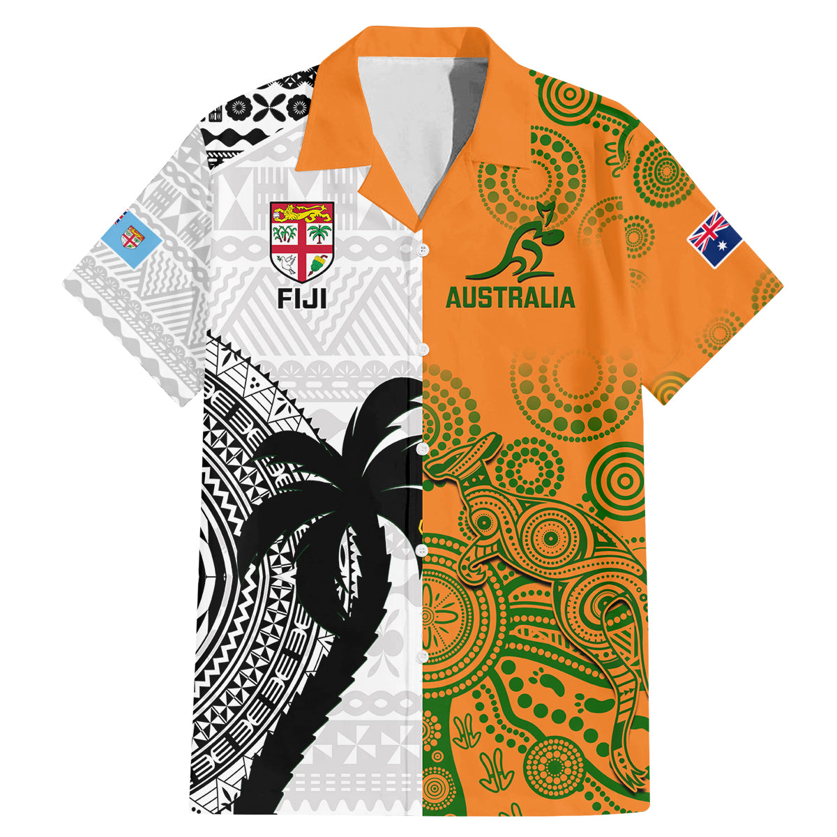 Fiji And Australia Rugby Family Matching Mermaid Dress and Hawaiian Shirt 2023 World Cup Aboriginal Mix Tapa Pattern LT14 Dad's Shirt - Short Sleeve Gold - Polynesian Pride