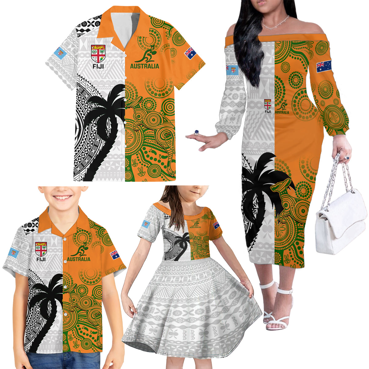 Fiji And Australia Rugby Family Matching Off Shoulder Long Sleeve Dress and Hawaiian Shirt 2023 World Cup Aboriginal Mix Tapa Pattern LT14 - Polynesian Pride